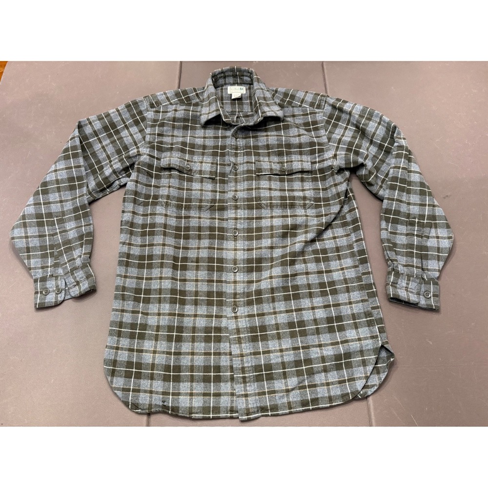LL Bean Mens Heavyweight Flannel Shirt Medium Tall Grey Olive Plaid OFFN3 Work